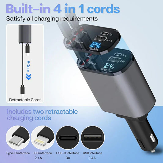 Retractable Car Charger Fast Charging, 4 in 1 Car Fast Charger
