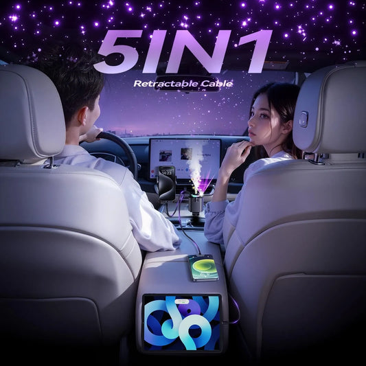 5-in-1 Retractable Car Charger with Aromatherapy, RGB Ambient Light & Fast Charging (USB-C & iOS Compatible)